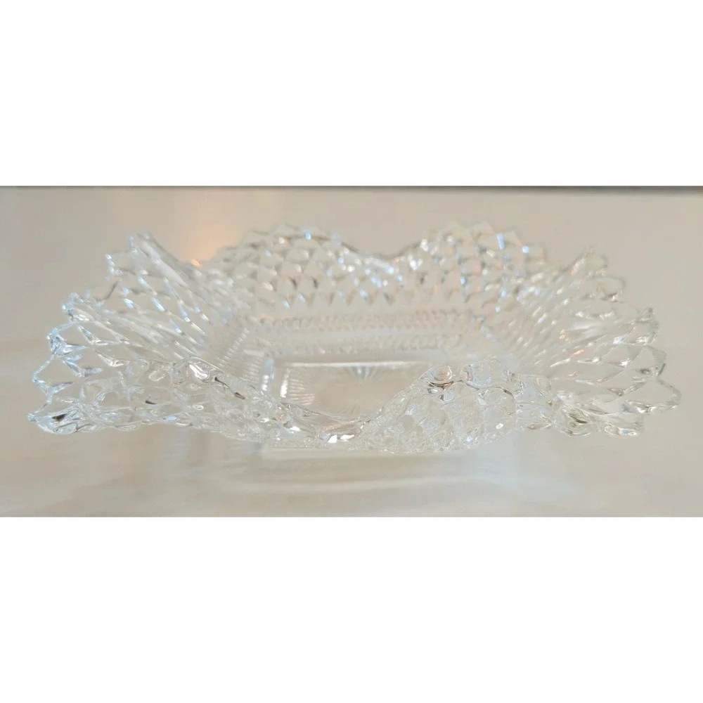 Vtg Clear Glass Imperial Diamond Point Ruffled Edge Candy Dish 7